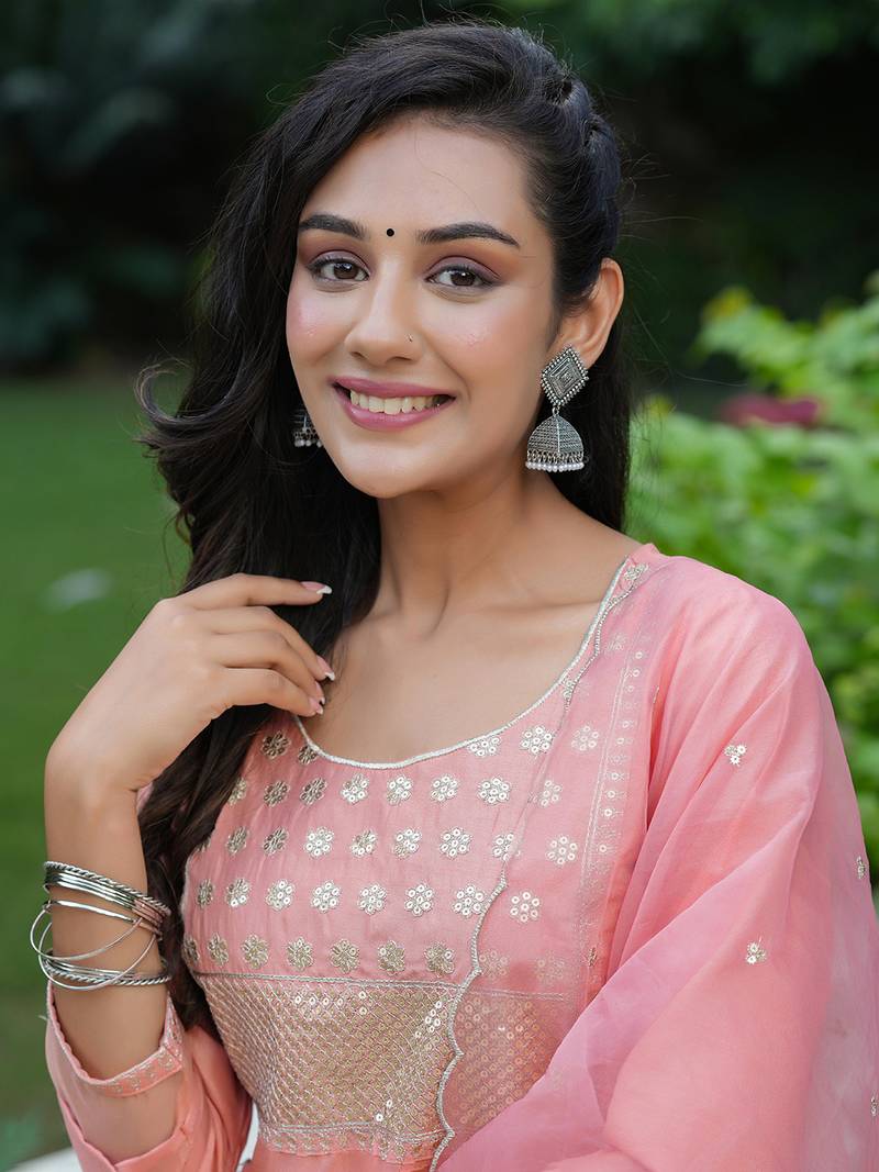 peach color embroidered poly silk styles kurta trouser with dupatta