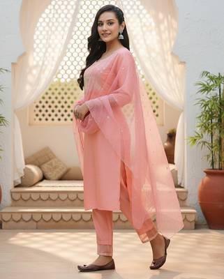 peach color embroidered poly silk styles kurta trouser with dupatta 3