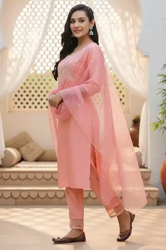 peach color embroidered poly silk styles kurta trouser with dupatta