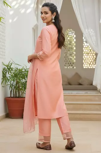 peach color embroidered poly silk styles kurta trouser with dupatta