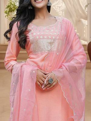 peach color embroidered poly silk styles kurta trouser with dupatta 5
