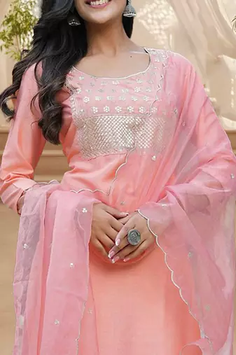 peach color embroidered poly silk styles kurta trouser with dupatta