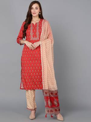 red color printed poly crepe styles kurta trouser with dupatta 1