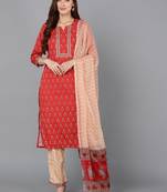 red color printed poly crepe styles kurta trouser with dupatta