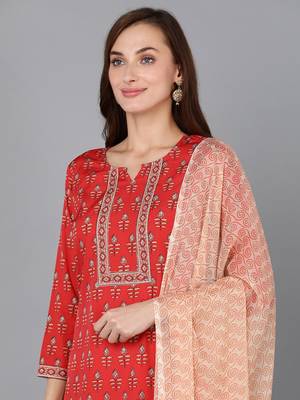 red color printed poly crepe styles kurta trouser with dupatta 2