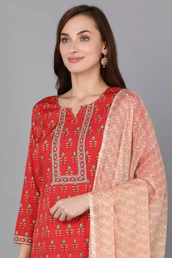 red color printed poly crepe styles kurta trouser with dupatta