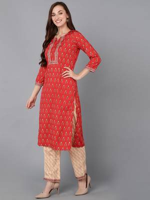 red color printed poly crepe styles kurta trouser with dupatta 3