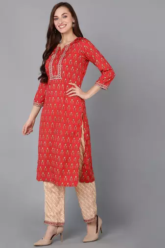 red color printed poly crepe styles kurta trouser with dupatta
