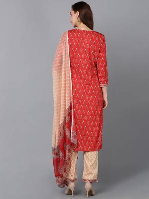red color printed poly crepe styles kurta trouser with dupatta 4