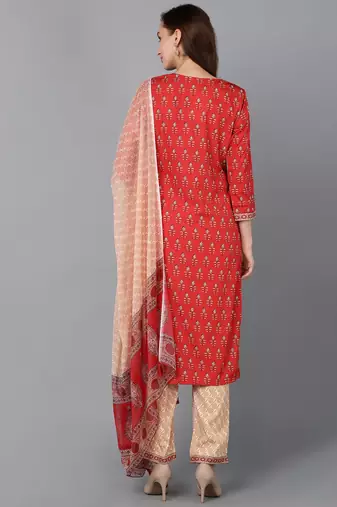 red color printed poly crepe styles kurta trouser with dupatta