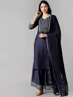navy blue color embroidered poly silk styles kurta sharara with dupatta 1