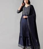 navy blue color embroidered poly silk styles kurta sharara with dupatta