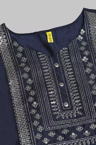 navy blue color embroidered poly silk styles kurta sharara with dupatta