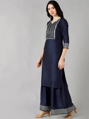 navy blue color embroidered poly silk styles kurta sharara with dupatta 3
