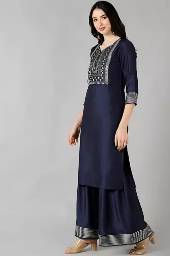 navy blue color embroidered poly silk styles kurta sharara with dupatta