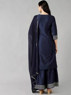navy blue color embroidered poly silk styles kurta sharara with dupatta 4