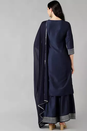 navy blue color embroidered poly silk styles kurta sharara with dupatta