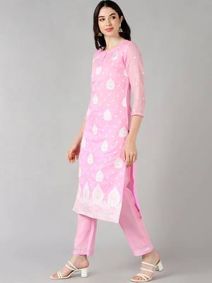pink color woven design poly chanderi styles kurta trouser with dupatta 3
