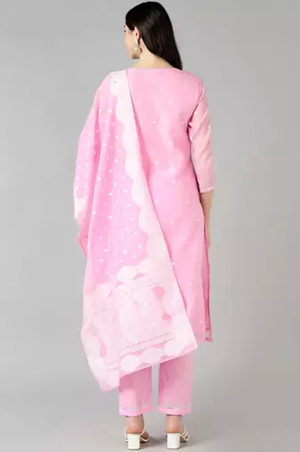 pink color woven design poly chanderi styles kurta trouser with dupatta
