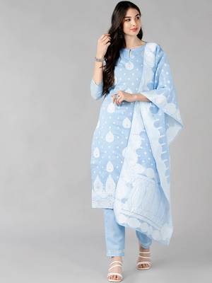 blue color woven design poly chanderi styles kurta trouser with dupatta 1