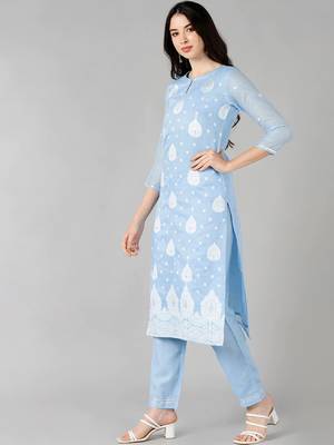 blue color woven design poly chanderi styles kurta trouser with dupatta 3