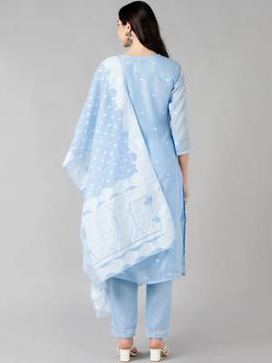 blue color woven design poly chanderi styles kurta trouser with dupatta 4