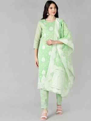 green color woven design poly chanderi styles kurta trouser with dupatta 1