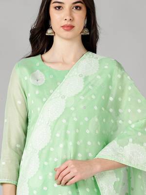 green color woven design poly chanderi styles kurta trouser with dupatta 2