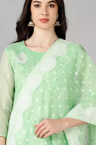 green color woven design poly chanderi styles kurta trouser with dupatta