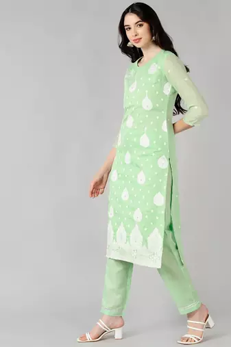 green color woven design poly chanderi styles kurta trouser with dupatta