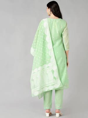 green color woven design poly chanderi styles kurta trouser with dupatta 4