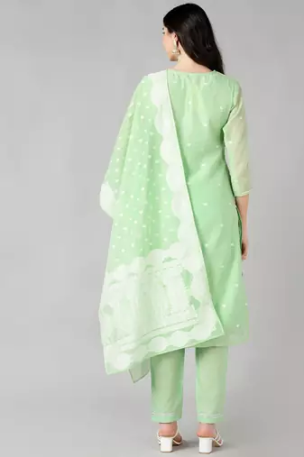 green color woven design poly chanderi styles kurta trouser with dupatta