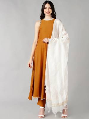 mustard color solid poly silk styles kurta trouser with dupatta 1