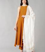 mustard color solid poly silk styles kurta trouser with dupatta