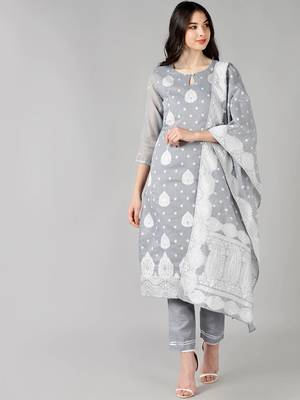 grey color embroidered poly chanderi styles kurta trouser with dupatta 1