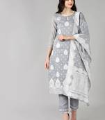 grey color embroidered poly chanderi styles kurta trouser with dupatta