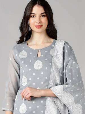 grey color embroidered poly chanderi styles kurta trouser with dupatta 2