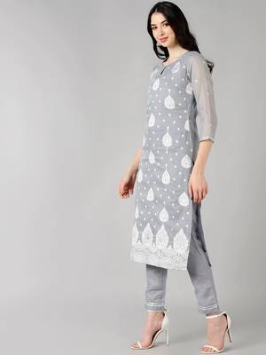 grey color embroidered poly chanderi styles kurta trouser with dupatta 3