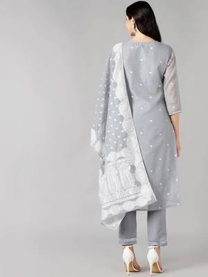 grey color embroidered poly chanderi styles kurta trouser with dupatta 4