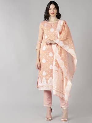 peach color embroidered poly chanderi styles kurta trouser with dupatta 1