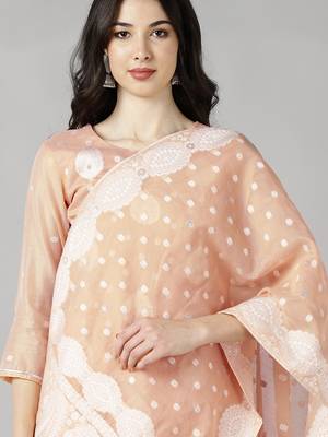 peach color embroidered poly chanderi styles kurta trouser with dupatta 2