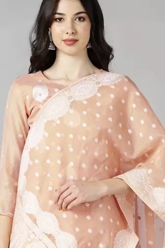 peach color embroidered poly chanderi styles kurta trouser with dupatta
