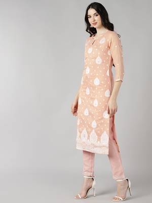 peach color embroidered poly chanderi styles kurta trouser with dupatta 3