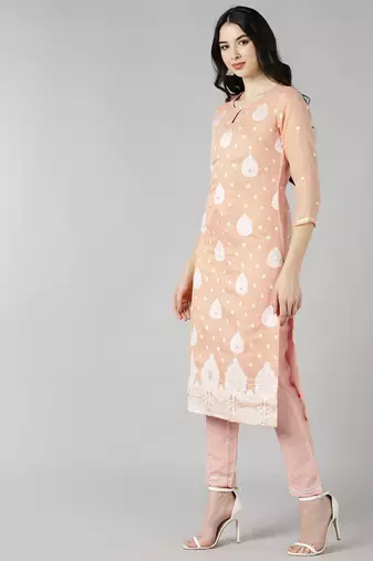 peach color embroidered poly chanderi styles kurta trouser with dupatta