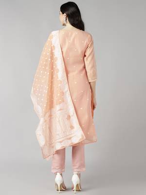 peach color embroidered poly chanderi styles kurta trouser with dupatta 4