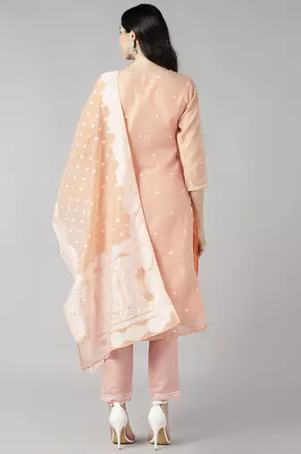 peach color embroidered poly chanderi styles kurta trouser with dupatta