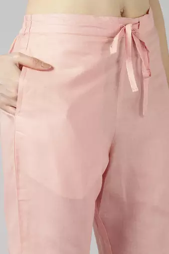 peach color embroidered poly chanderi styles kurta trouser with dupatta