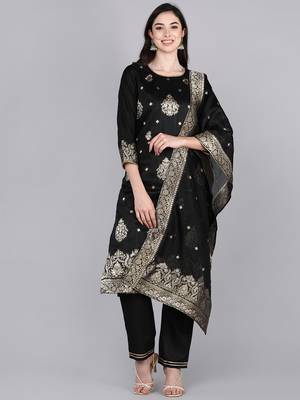 black color embroidered poly chanderi styles kurta trouser with dupatta 1