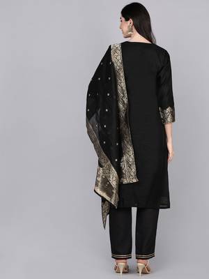 black color embroidered poly chanderi styles kurta trouser with dupatta 4