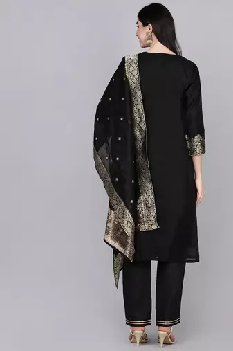 black color embroidered poly chanderi styles kurta trouser with dupatta